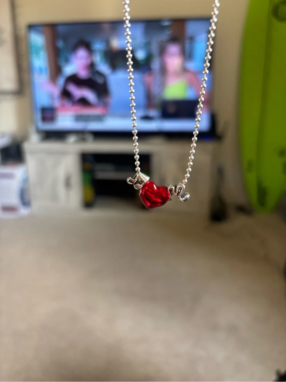 Pandora Silver Bead Chain Necklace with Red Heart Charm